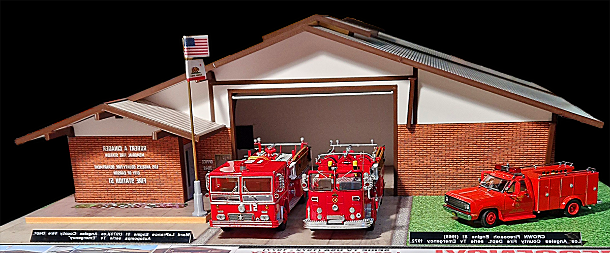 Models of Station 51, Squad 51, Crown E51, and Ward LaFrance E51.